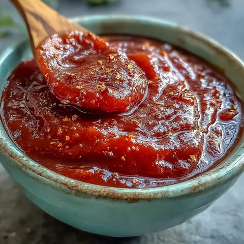 Homemade Guava BBQ Sauce From Scratch glistening in a jar, a spoon lifting the thick tropical sauce.