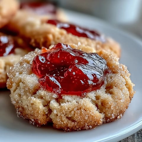 Freshly baked Guava Jam Thumbprint Cookies arranged on a white plate, showcasing the sweet-tart guava center in each crumbly, golden cookie.