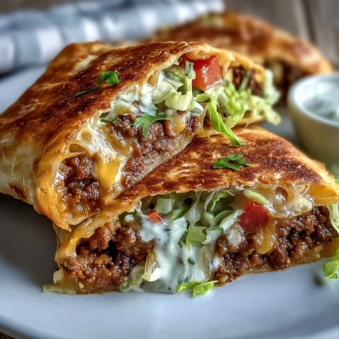 Golden-brown Keto Crunchwraps sit on a white plate, stuffed with seasoned ground beef, creamy cheddar sauce, lettuce, and fresh diced tomatoes.