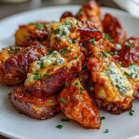 Golden-brown Buffalo Ranch Chicken Potato Bake served hot from the oven, topped with melted cheddar and fresh chives.