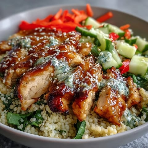 Freshly grilled chicken slices rest on fluffy pearl couscous, topped with crisp cucumber, carrots, and red peppers for this Sesame Ginger Chicken Couscous Bowl.