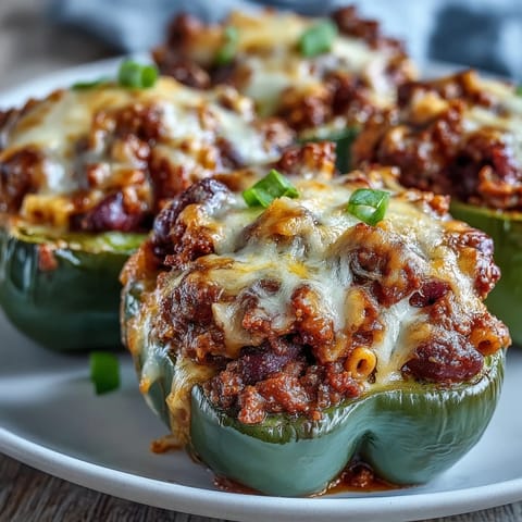 Golden-brown baked chili mac stuffed peppers with bubbly cheddar cheese, ready to serve.