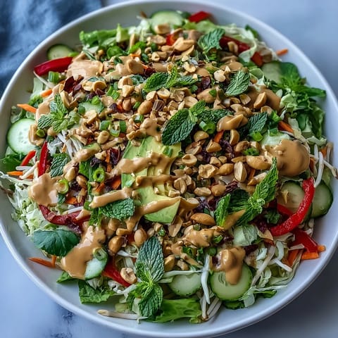Fresh Vegan Spring Roll Salad with Peanut Dressing features crunchy cabbage, carrots, and herbs tossed in a creamy, zesty sauce for a light lunch.