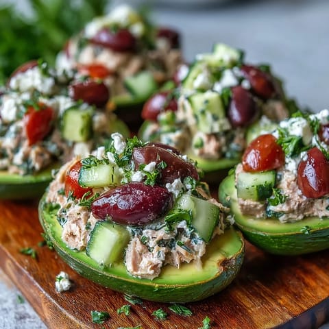 A close-up of Mediterranean Tuna Salad Stuffed Avocados, featuring creamy avocado halves filled with chunky tuna, red onion, and Kalamata olives, garnished with fresh parsley.