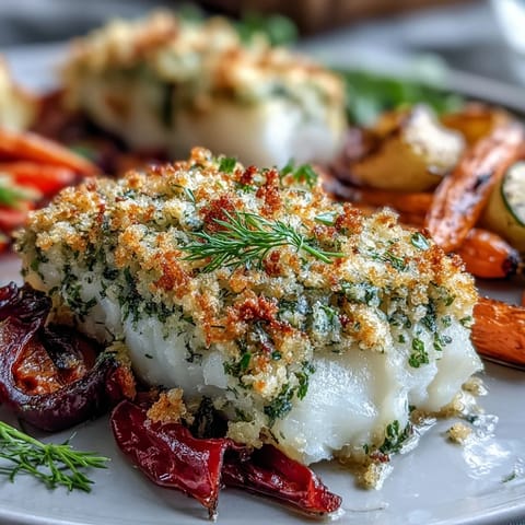 Freshly baked Herb-Crusted Baked Cod with Roasted Vegetables flaking easily with a fork, showcasing tender white fish.
