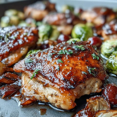 Sheet pan balsamic chicken with Brussels sprouts and grapes, roasted to perfection with caramelized edges and a tangy-sweet glaze.