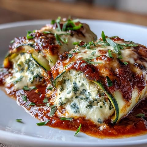 Golden-baked zucchini roll-ups stuffed with herb-seasoned ricotta and topped with bubbly mozzarella and marinara, perfect for a low-carb Italian dinner.  