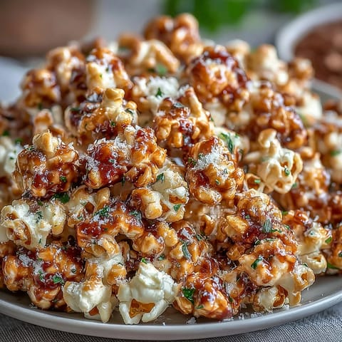 Buttery truffle oil popcorn with Parmesan cheese and fresh parsley, an elevated twist on classic popcorn.  