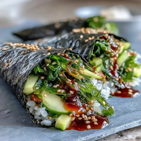 A vibrant platter of seaweed salad sushi hand rolls, with crisp nori cones filled with seasoned sushi rice, tangy wakame, and crunchy cucumber slices.