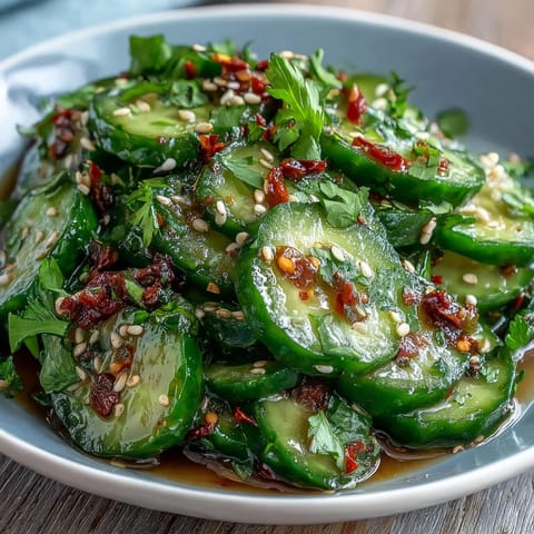 Fresh, vibrant chili-lime cucumber salad with zesty lime dressing and crisp cucumber slices.  