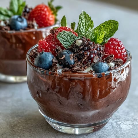 Creamy high-protein chocolate mousse blended with cocoa and cottage cheese, garnished with vibrant mixed berries and mint.