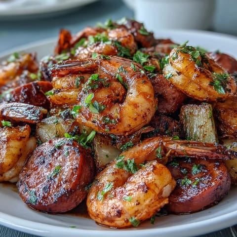 1. Cajun shrimp and sausage boil with juicy shrimp, spicy andouille, tender potatoes, sweet corn, and onions, all seasoned with bold Cajun spices and served family-style.
