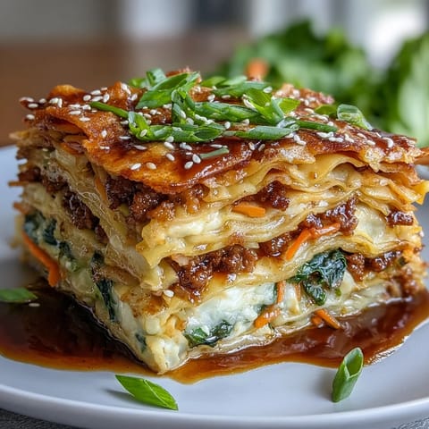 Asian Dumpling Lasagna with Soy Ginger Sauce layered with tender wrappers, savory meat, and melted cheese, topped with a glossy zesty sauce.