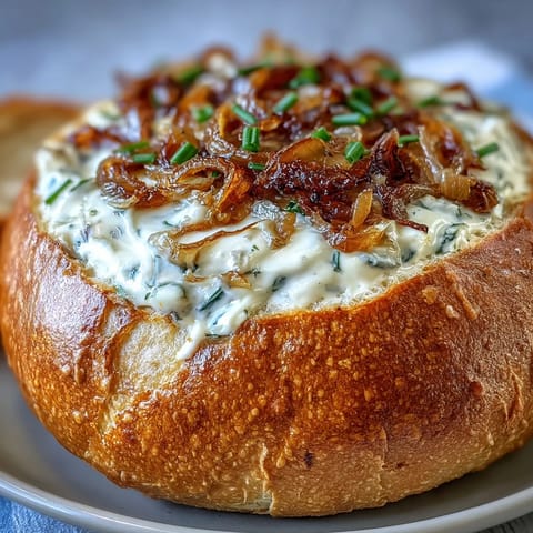 Warm sourdough bread bowl filled with rich, savory onion dip, baked until bubbly and garnished with fresh chives for a party-ready appetizer.  