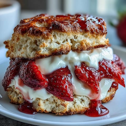 Strawberry scone shortcakes layered with vanilla yogurt and fresh berries in a golden, flaky pastry stack.
