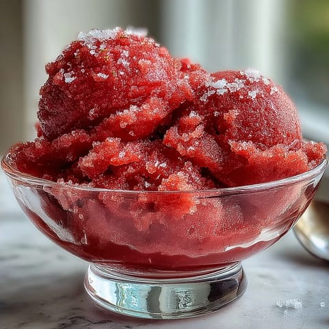 A vibrant strawberry daiquiri sorbet with lime zest, capturing the essence of a refreshing summer cocktail in a frozen dessert.