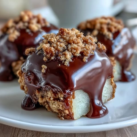 Chocolate-dipped apple slices topped with crunchy graham cracker crumbs and gooey marshmallow drizzle for a fun, campfire-inspired treat.