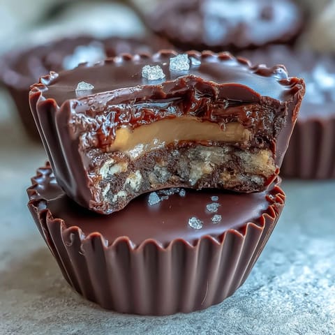 Delicious homemade peanut butter cups featuring crunchy pretzel layers, rich peanut butter filling, and decadent chocolate coating.  