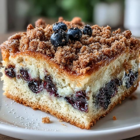 Fresh lemon blueberry sourdough coffee cake squares with juicy berries and tangy citrus, topped with golden brown streusel.  