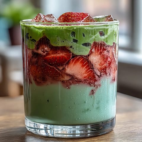 A vibrant dairy-free strawberry matcha latte with creamy oat milk and fresh strawberry syrup in a clear glass.
