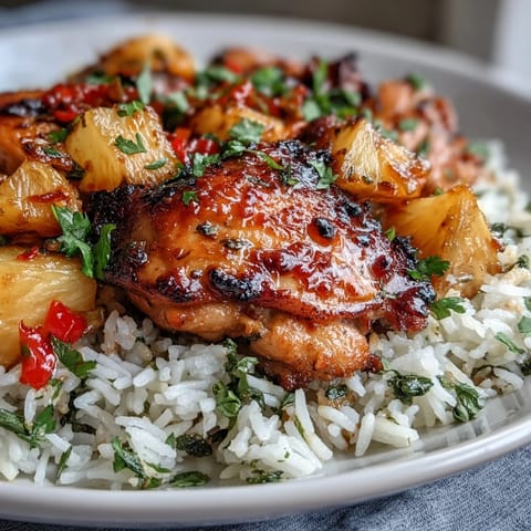 One-pan pineapple chicken and rice bake with tender chicken, juicy pineapple, and colorful bell peppers, baked to perfection in a single dish.