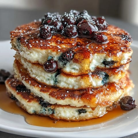 Fluffy cottage cheese protein pancakes with juicy blueberries, stacked high and drizzled with maple syrup for a nourishing breakfast.  