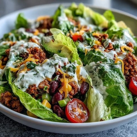 Healthy Easy Taco Salad Bowls with Greek Yogurt Ranch, featuring seasoned ground turkey, fresh veggies, and creamy homemade dressing in a vibrant, wholesome bowl.  