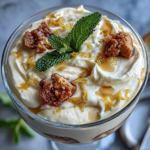 Elegant individual tiramisu cups featuring zesty lemon cream and limoncello-dipped ladyfingers, garnished with fresh citrus zest and mint.