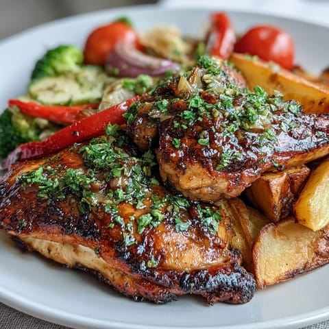 Healthy Easy One-Pan Lemon Chicken and Veggie Bake with colorful vegetables and zesty lemon marinade on a baking sheet.