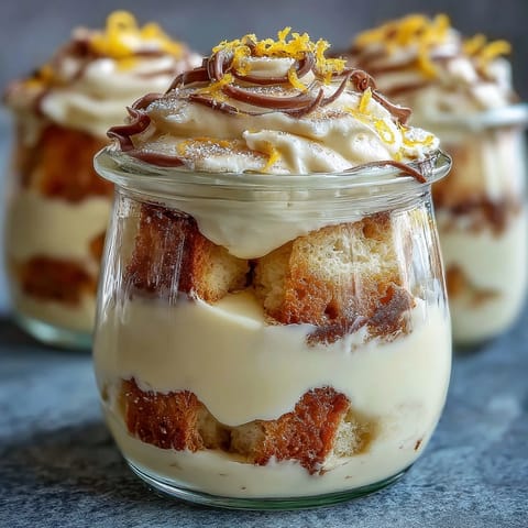 Vibrant Limoncello Tiramisu Dessert Jars with creamy mascarpone, lemon-soaked ladyfingers, and white chocolate shavings.