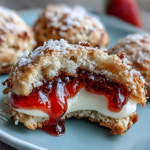 Buttery clotted cream sugar cookies with vibrant strawberry jam centers, golden and soft, perfect for teatime indulgence.