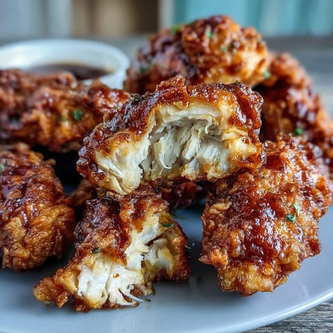 Crispy Southern fried chicken with honey butter biscuits, golden and juicy, served on a rustic wooden board.