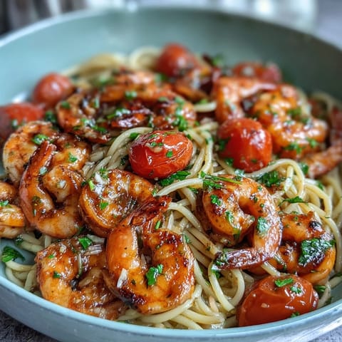 One-Pot Garlic Shrimp with Angel Hair pasta in a bright lemon-garlic sauce, topped with fresh parsley and cherry tomatoes.