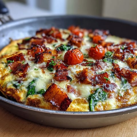 Savory One-Pan Ham and Cheese Frittata with golden edges and melted cheddar, loaded with diced ham and fresh spinach.