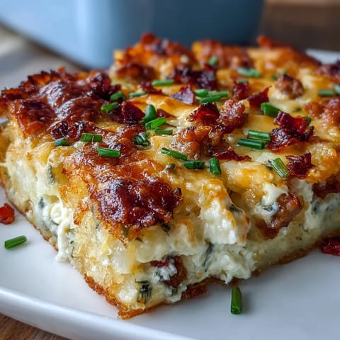 Overnight Amish Breakfast Casserole with Sausage, Potatoes, and Cheese, golden and bubbling from the oven, ready to feed a hungry crowd.