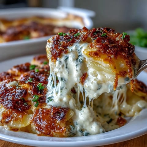 Layers of tender Yukon Gold potatoes baked au gratin with garlic cream and melted cheese.