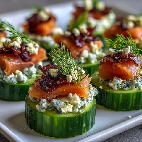Crisp cucumber rounds topped with creamy dill-infused cheese and smoked salmon—refreshing appetizer perfect for summer entertaining.