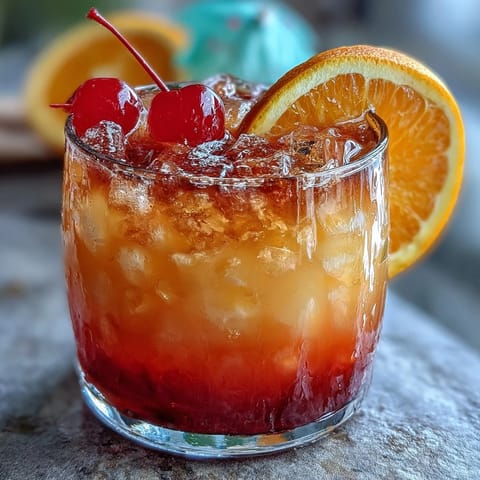 Layered sunrise mocktail featuring orange and pineapple juices, grenadine syrup, and sparkling water—ideal for summer parties.