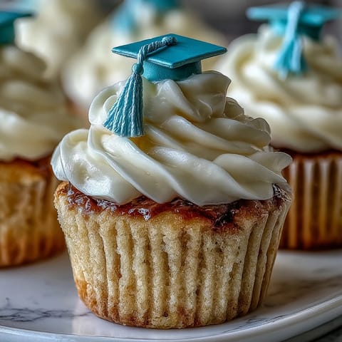 Simple Graduation Cupcakes with Cap Fondant Toppers: moist vanilla cupcakes topped with smooth buttercream and tiny fondant graduation caps.