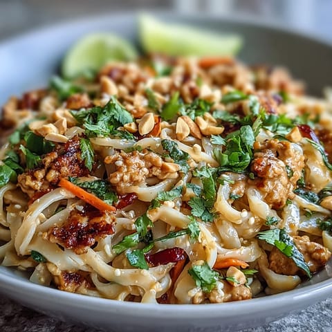 Creamy Thai-Inspired Peanut Noodle Bowls served in a white ceramic bowl with vibrant red peppers, snap peas, and tender ground chicken.