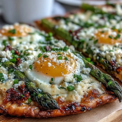 Golden-baked flatbread topped with tender asparagus, a perfectly runny egg, and a sprinkle of parmesan cheese.  