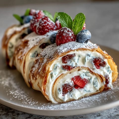 Beautiful crepe roll cake filled with sweet cream and juicy berries, ideal for special occasions or brunch gatherings.  