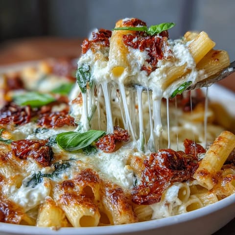 Sun-dried tomato pasta bake with melted mozzarella and fresh basil, baked until golden and bubbly for a comforting vegetarian dinner.