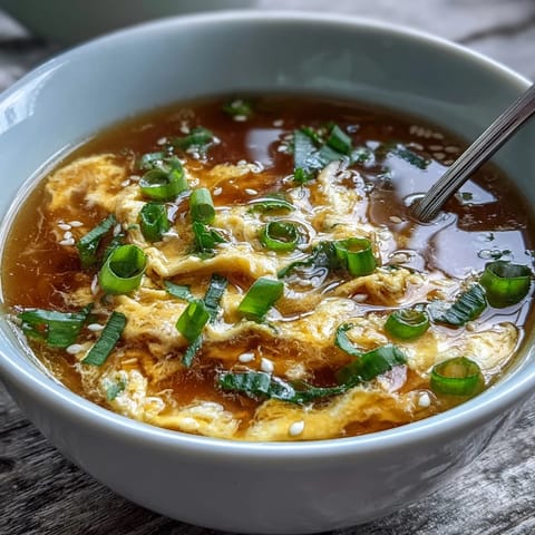 Silky homemade egg drop soup with delicate ribbons of egg in savory broth and fresh scallions.