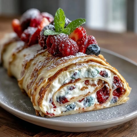 Delicate crepe roll cake with layers of vanilla whipped cream and fresh berries, perfect for elegant dessert spreads.  