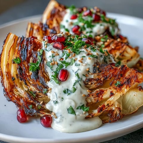 Grilled cabbage wedges with tahini sauce, parsley, and pomegranate seeds on a serving platter.