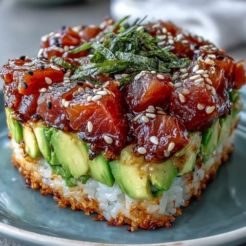 Delicious crispy rice salad featuring fresh avocado, zesty tuna, and perfect crunch.