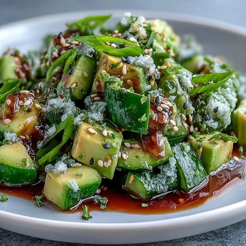 Vibrant smashed cucumber avocado salad with sesame seeds, a fresh, zesty fusion dish.