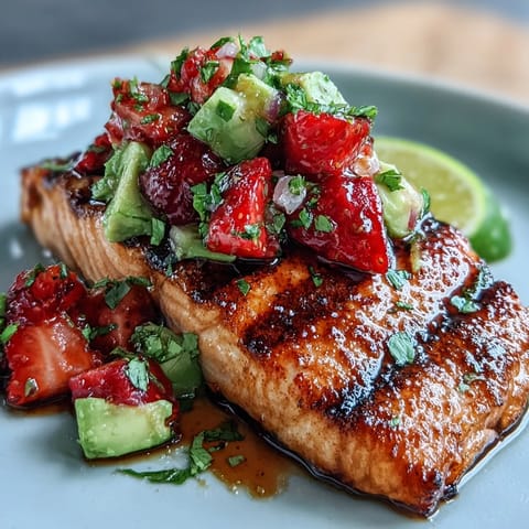 Glistening grilled salmon topped with jewel-toned strawberry avocado salsa, a fresh summer delight.