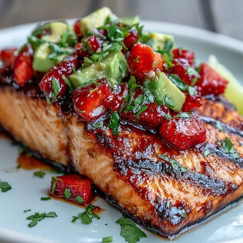 Juicy grilled salmon featuring a vibrant, chunky strawberry avocado salsa, perfect for a light meal.